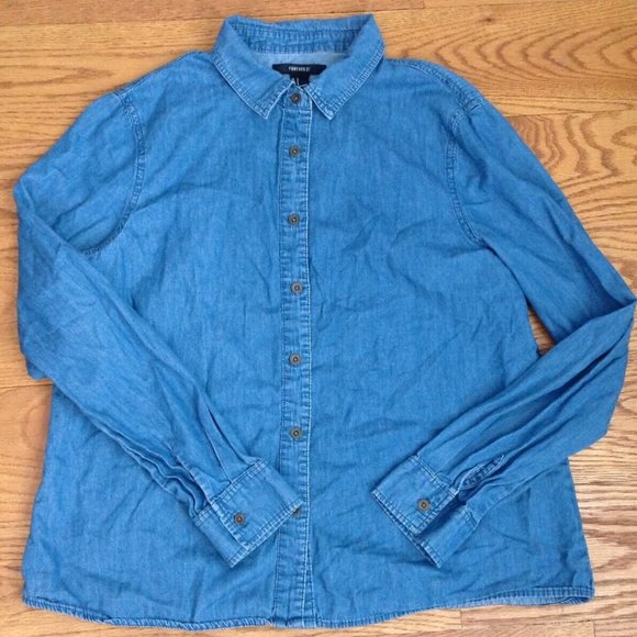 WOMENS S CHAMBRAY DENIM SHIRT LONG SLEEVE 100% COTTON BLUE 38.5"x 24" - Picture 12 of 12